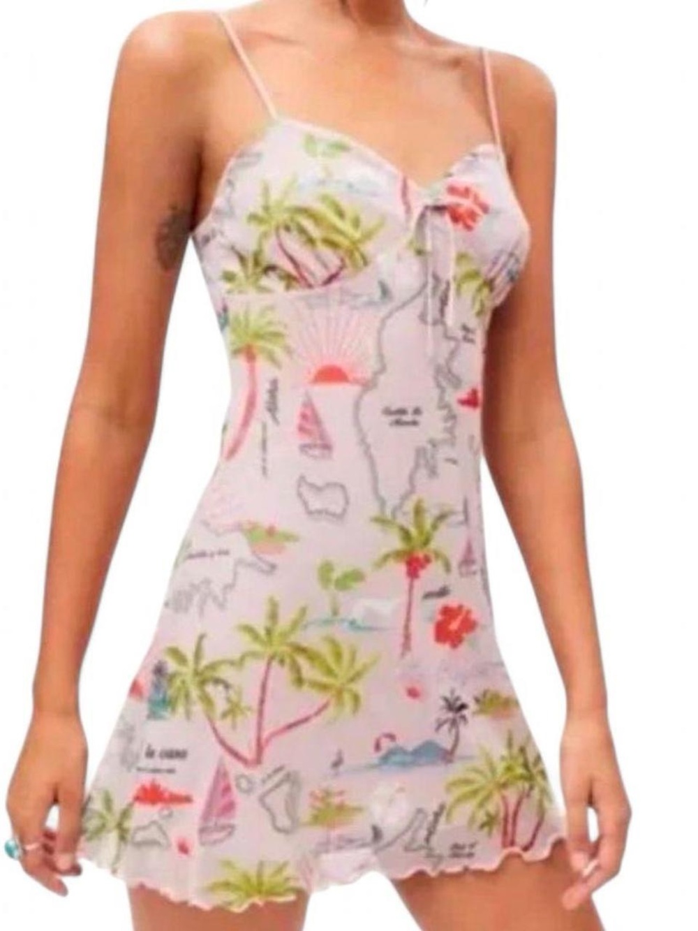 Urban Outfitters Pink Elodie Tropical Palm Tree Vacation Print Mini Slip Dress